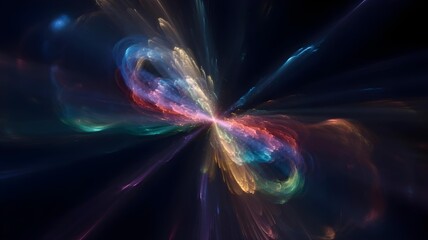 Abstract visualization of a colorful nebula or galaxy with swirling light trails and cosmic dust in deep space