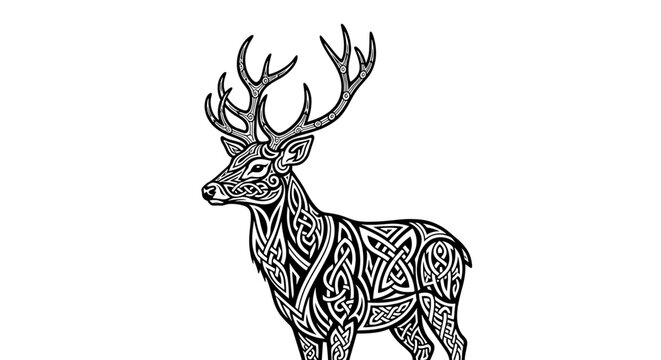 Elaborate Celtic Deer Illustration with Interwoven Knotwork on White Background