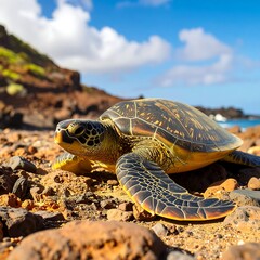 Obraz premium Sea turtle on a volcanic beach