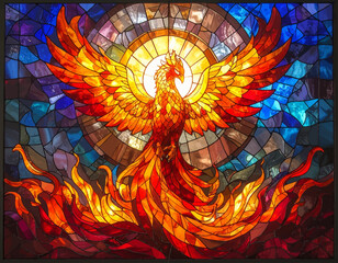 Stained Glass Phoenix Rises From Fiery Embers in Dramatic Sunburst Design