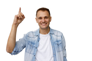 Naklejka premium Man smiling and having a good idea, pointing up with finger, finding solution, transparent background