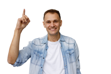 Man smiling and having a good idea, pointing up with finger, finding solution, transparent background