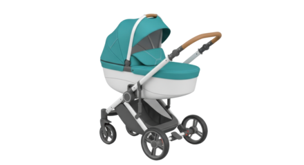 Isolated pram or stroller baby carriage for infant with turquoise accents on solid ground