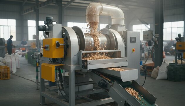 Dynamic medium shot of mechanized peanut sheller operating smoothly featuring moving parts separating shells from peanuts in a factory environment