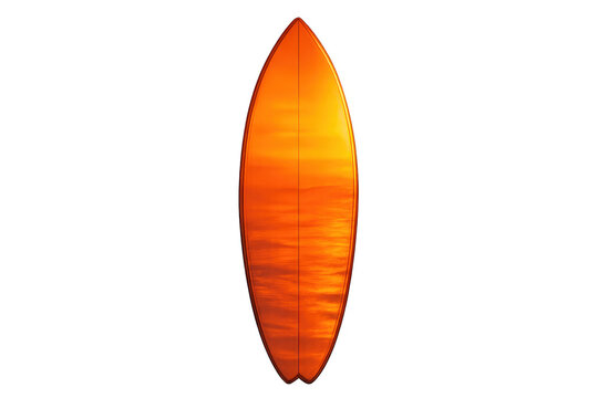 Orange surfboard with sunset reflection on transparent background