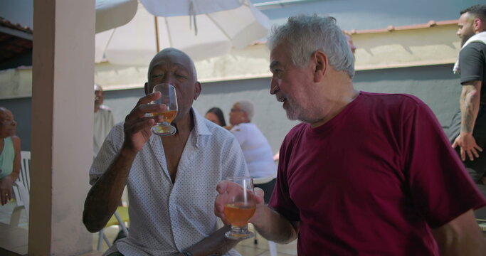 Two elderly friends sharing laughter and drinks at a backyard barbecue, enjoying camaraderie and connection during a lively and cheerful outdoor gathering