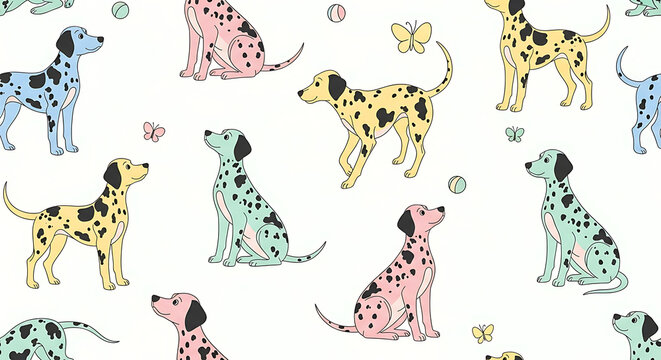 Playful Cartoon Dalmatian Puppy Seamless Pattern Repeat Design Illustration