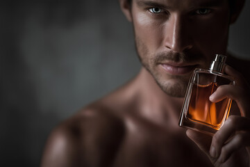 Intense Gaze of a Handsome Man with a Bottle of Cologne