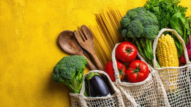 A vibrant assortment of fresh vegetables and pasta artfully arranged in reusable bags