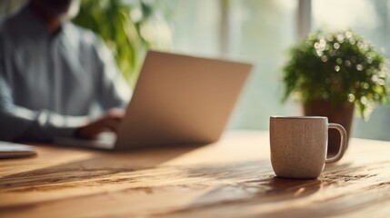 Home office workspace with laptop and coffee cup remote work lifestyle concept