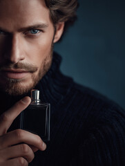 Elegant Man in Turtleneck with Luxury Perfume Bottle