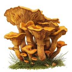 Textile image of mushrooms growing in a family. Tapestry on a white background.