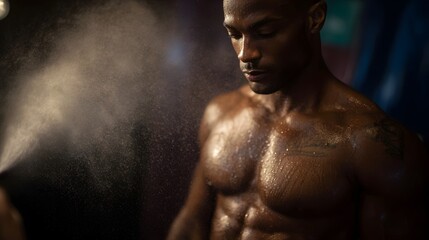 A muscular man receives a spray of mist in a dimly lit prepa n area focusing intently