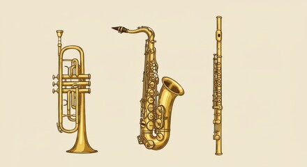 Naklejka premium Brass and Wind Instrument Vector Set Isolated with Warm Glow