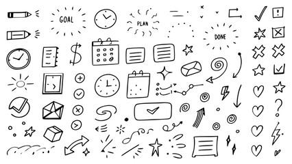 Doodle simple elements. Cute line calendars, clocks, checklists, folders, laptops, arrows, pie charts. Vector sketch hand drawn set