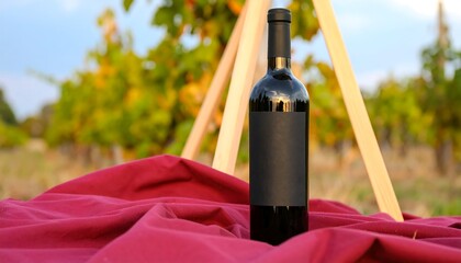 A dark wine bottle with a blank label sits on a red cloth. A wooden tripod frame is behind it, with a vineyard in the background