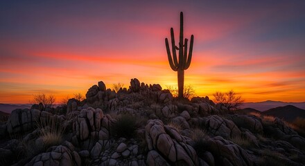 Arizona Sunset with Saguaro Cactus and Rocky Landscape Vibrant Colors