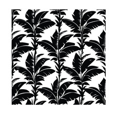 Solid Black and White Seamless Pattern of Tropical Banana Trees and Leaves
