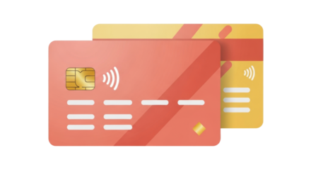 Isolated stack of credit cards with chip, contactless payment symbols for commerce and shopping