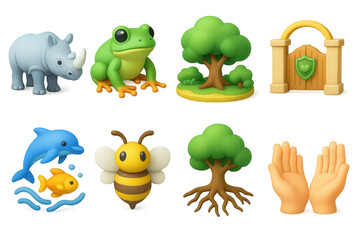 Obraz premium 3D Conservation Icons. Animal conservation set of icons in 3D color style: rhino, frog, rainforest, sanctuary gate, marine life, bee, tree roots, open