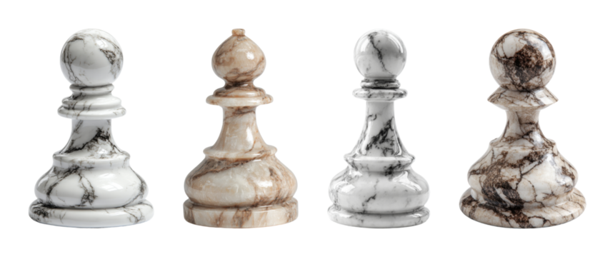 Elegant marble chess pawn collection showcasing intricate veining and a polished finish, perfect for strategic concept design PNG set with transparent background