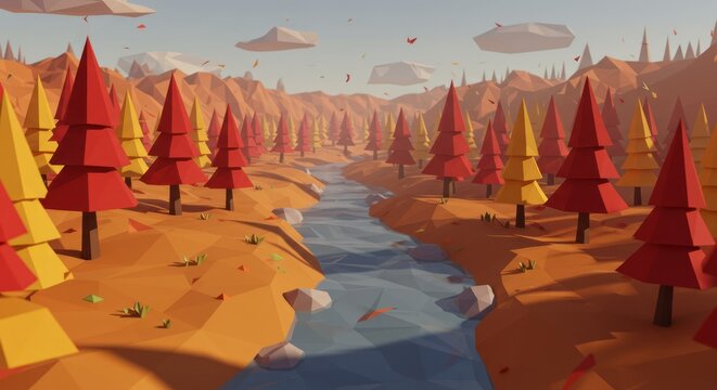 Autumn landscape with river, forest trees and mountains in polygonal style