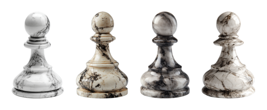 Elegant marble chess pawn set with intricate veining, isolated on black background, signifying strategy and intellectual pursuit PNG set with transparent background - Powered by Adobe