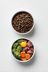 Overhead view of two white pet bowls with one containing dry kibble and the other filled with raw ground meat broccoli sliced carrots and a raw egg yolk