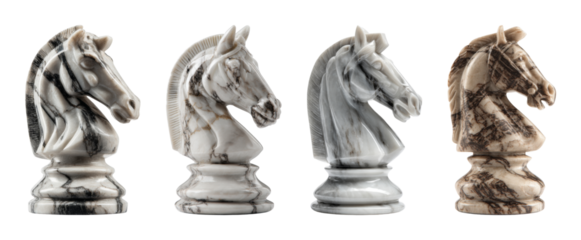 Four elegant marble chess knight pieces in varying natural stone patterns, presented with dramatic studio lighting and a sophisticated composition, ideal for a PNG set with transparent background