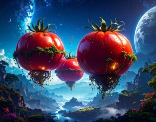 Generated image　空を漂うトマト惑星の風景