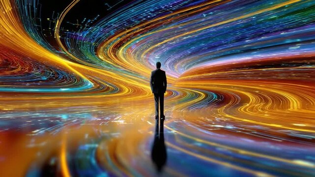 Silhouette Amidst the Lines: A solitary figure stands enveloped by vibrant streaks of light,  illuminating a path into the unknown future.