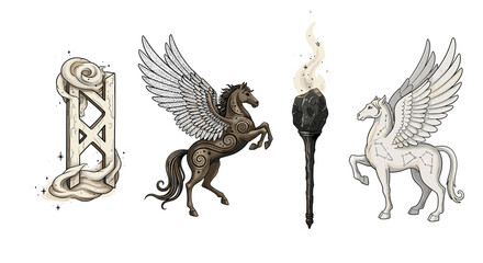 Mystical Symbols with Pegasus and Rune, evoking Fantasy and Mythology