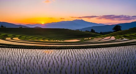 Breathtaking rice terraces reflecting sunset in Yunnan China agricultural landscape