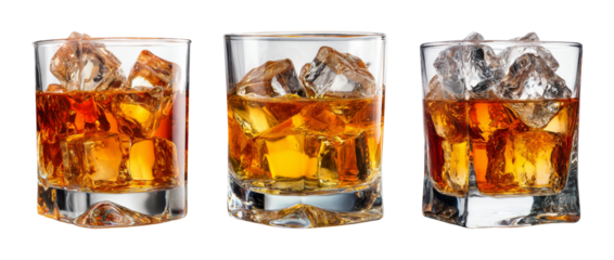Refreshing amber whiskey neat with ice in clear glass, studio shot on black, perfect for luxury drink advertising PNG set with transparent background