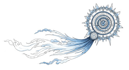 Artistic Ice Sun Drawing with Clouds and Runes on White