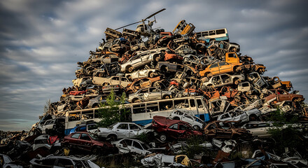 Dramatic Overcast Automotive Junkyard Full Of Scrap Vehicles and Helicopter Scenery