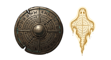 Enchanted shield and ethereal ghost with ancient runes on white background.