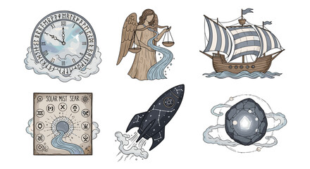 Mystical elements on a white backdrop including angel, rocket, clock