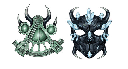 Mystical Astronomical Device and Crystal Mask, Fantasy Illustration on White