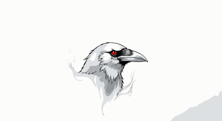 Raven's Head Profile with Striking Red Eye against White Backdrop