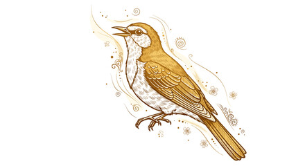 Ornate Bird Illustration: Brown and White Detailed Songbird Graphic