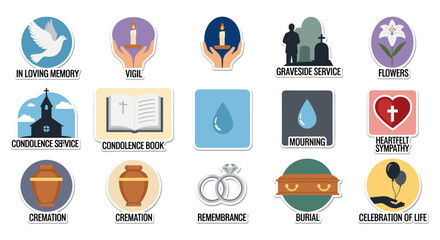 A collection of illustrated icons representing various aspects of a funeral service, including symbols of remembrance, mourning, and celebrating a life, set against a plain white background.