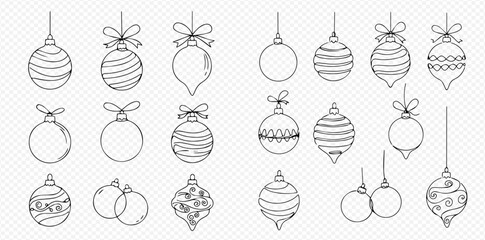 A collection of hand-drawn Christmas ornaments in black and white, featuring various shapes and designs.