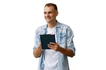 Man smiling operating digital tablet, connecting with technology and digital communication, transparent background