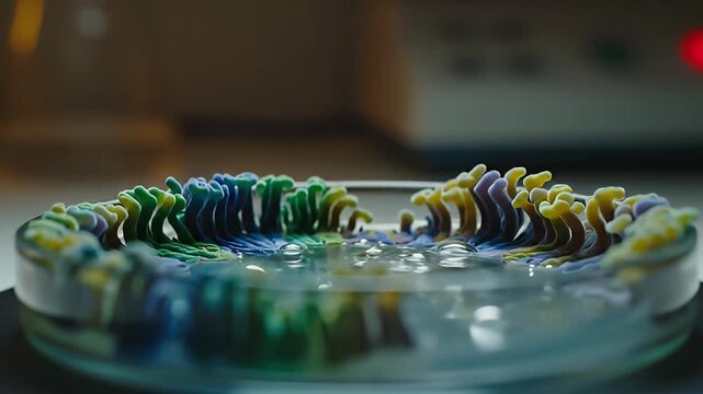 Colorful liquid patterns in glass dish scientific experiment close up