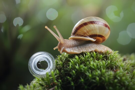Close-up macro photograph of a garden snail on moss in a lush green natural setting