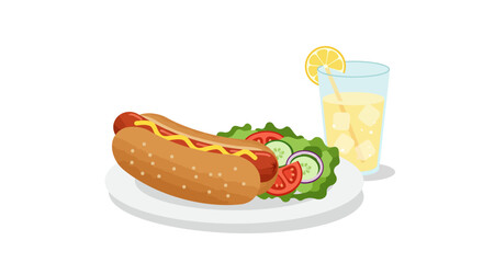 A plate featuring a hotdog with mustard salad  lemonade with ice  a lemon slice