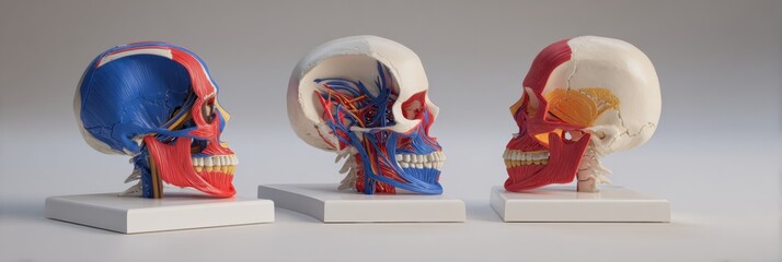 Colorful Anatomical Skull Models Showcasing Human Anatomy, Highlighting Vascular and Muscular Structures in Educational Display