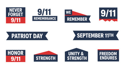 A collection of vector graphic elements and banners, designed with patriotic themes and commemorating the September 11th attacks, suitable for commemorative projects.