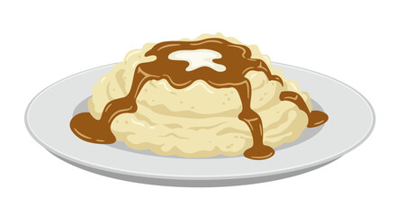 A plate of mashed potatoes covered with brown gravy and a dollop of cream